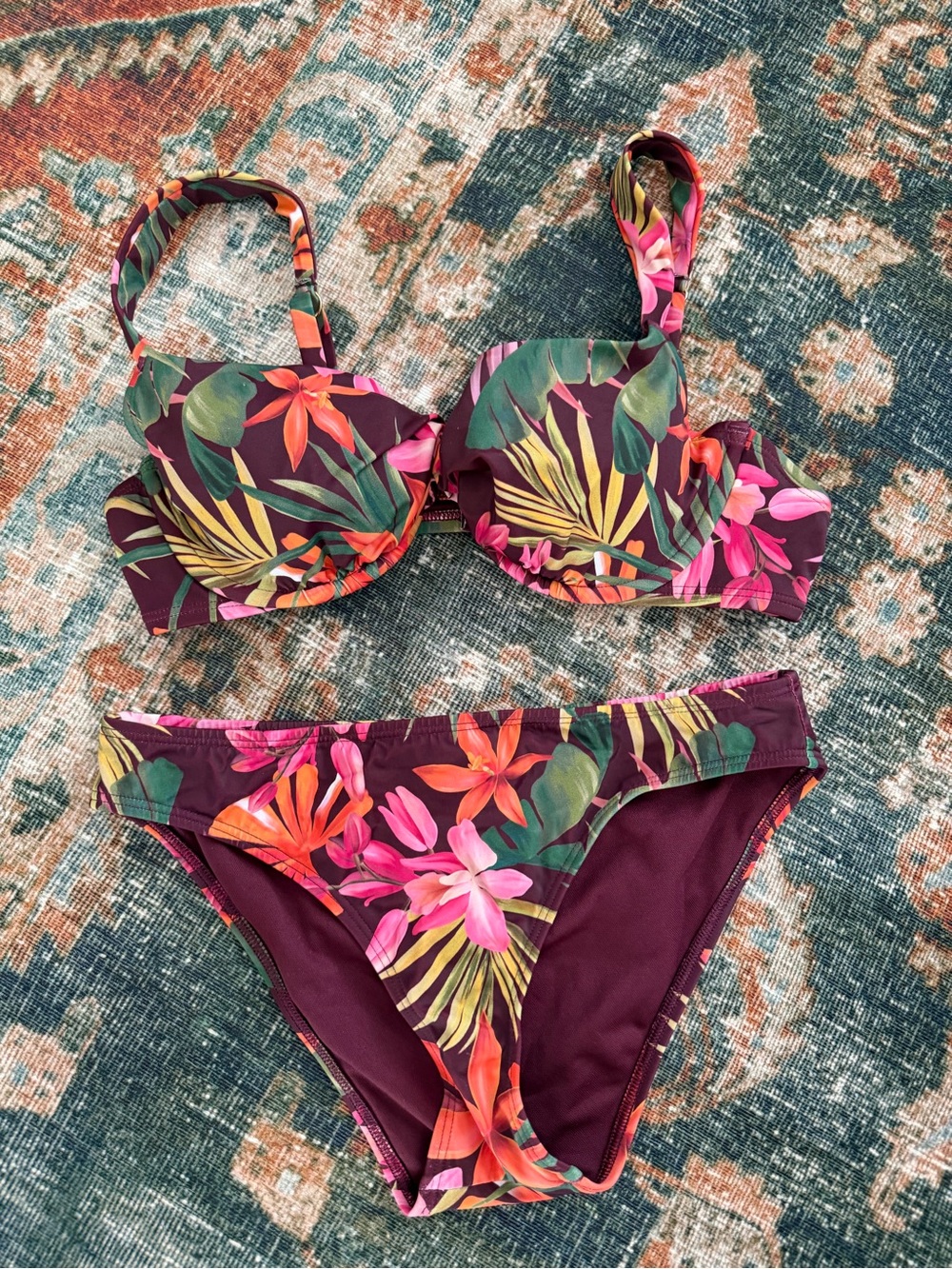 Shade & Shore Floral Underwire Bikini in Plum with Pink, Orange, Green Accents
